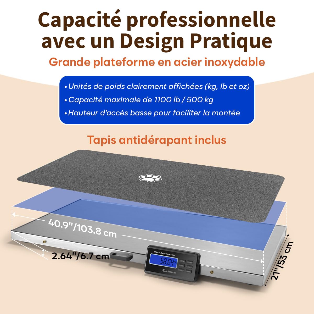Adamson Balance Animaux 500 kg – Balance Professionnelle Électronique pour Chiens, Chats et Élevage – avec Fonctions Tare, Hold, PCS idéale aussi pour Colis – Alimentation Secteur ou Piles