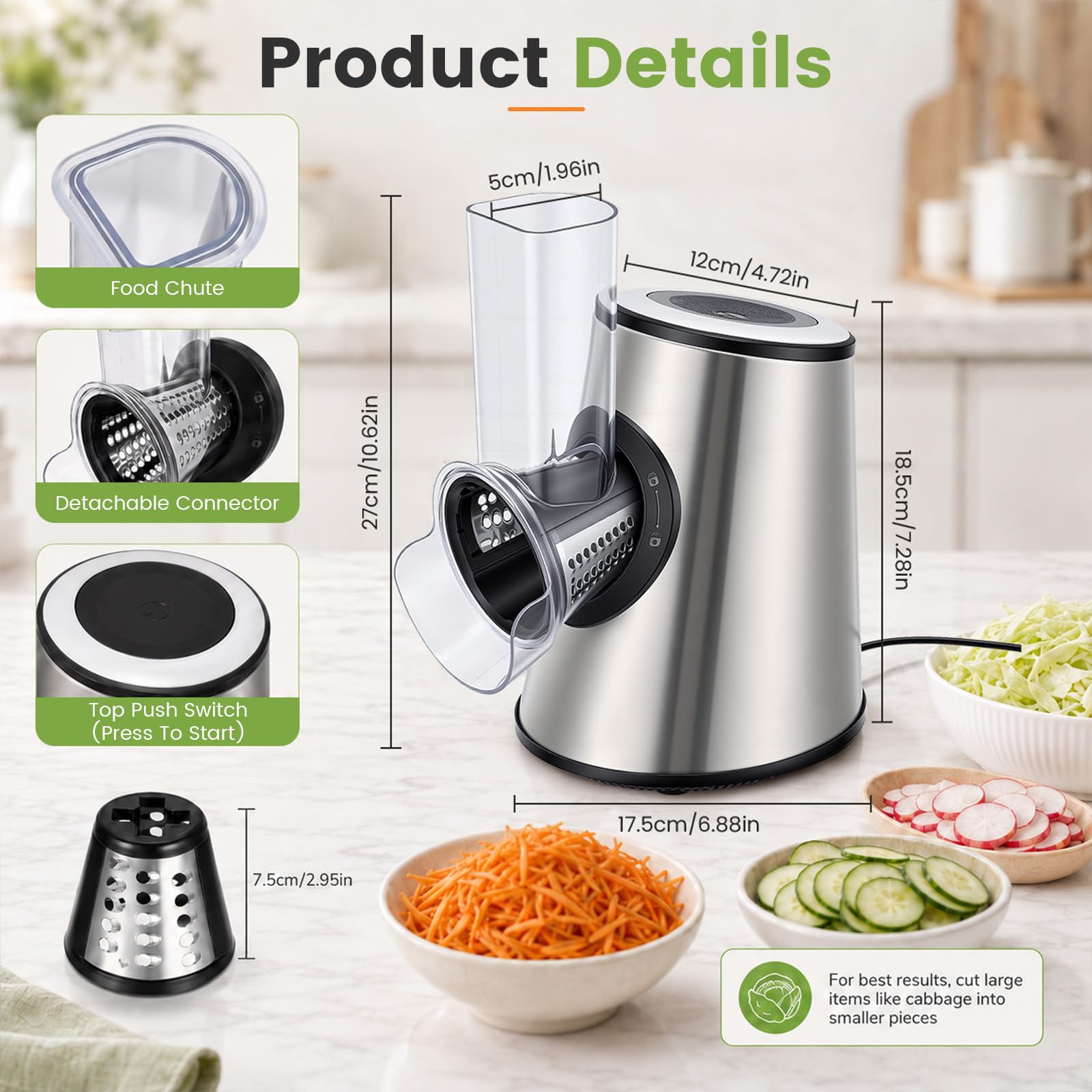 Elektrische 5-in-1 Gemüsehobel 800W, Gemüseschneider mit 5 Edelstahl-Trommeln, Gemüseschneider Elektrisch für Käse, Gemüse & Nüsse.Multireibe BPA-frei & Spülmaschinenfest,Silbergrau