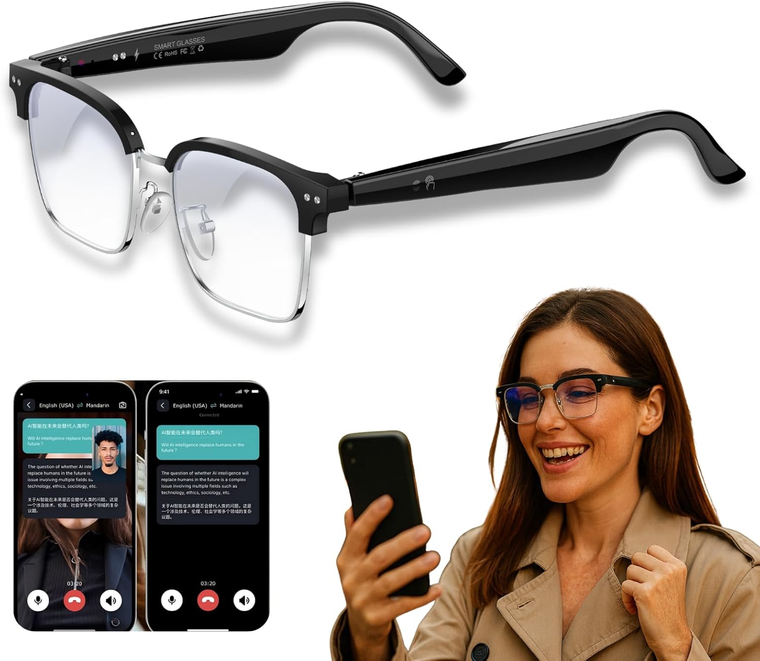 AI Translation Glasses, Real-Time Voice Translator Device for 164 Languages, Smart Glasses with Bluetooth Audio & Calls, No Subscription Fee, Dual-Mic, Lightweight 25g Wearable Translator