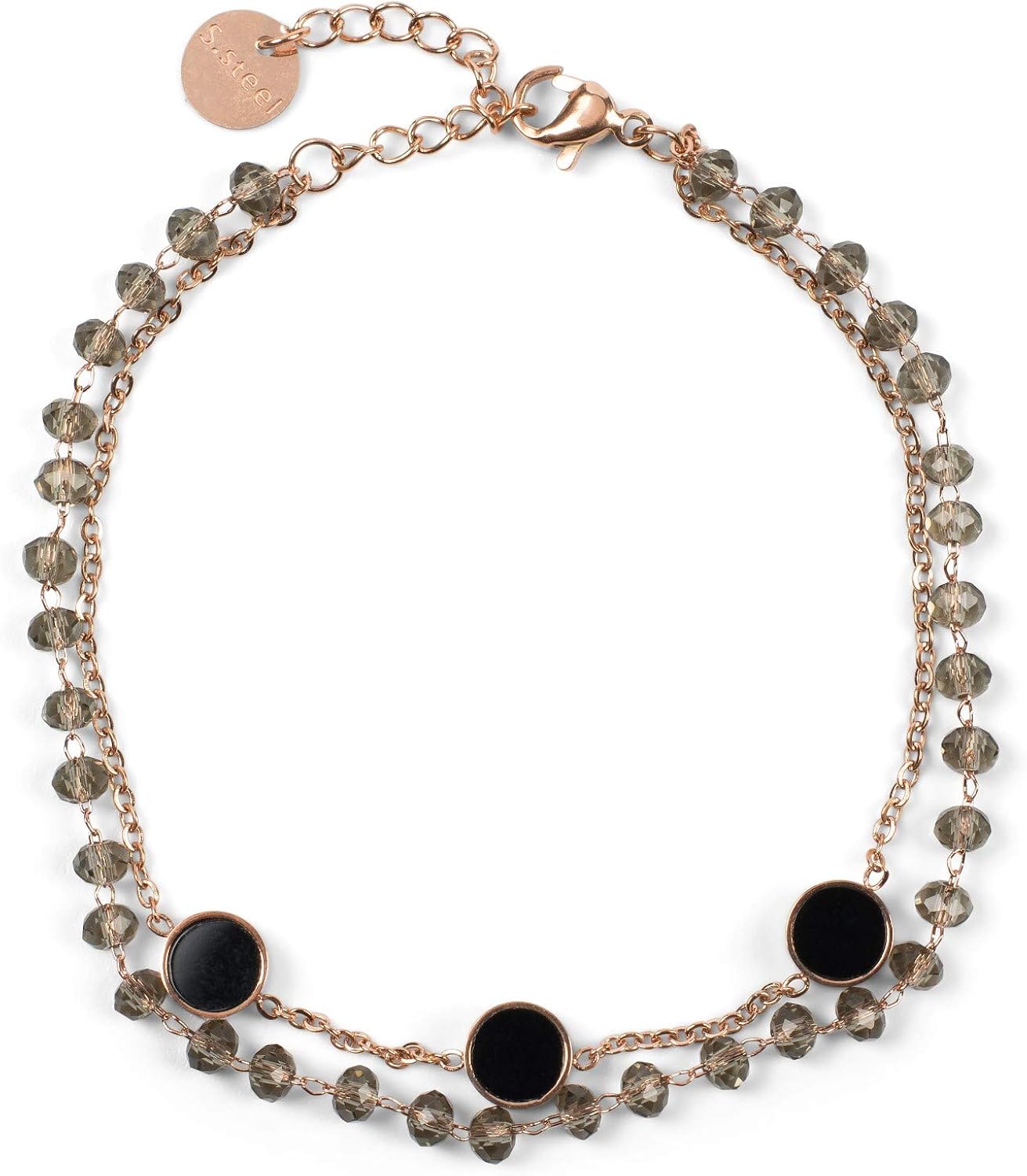 styleBREAKER Ladies Stainless Steel 2-Row Layer Bracelet with Plastic Beads and Round Pendants, Anchor Chain, Jewellery 05040186, Color:Rose Gold/Grey