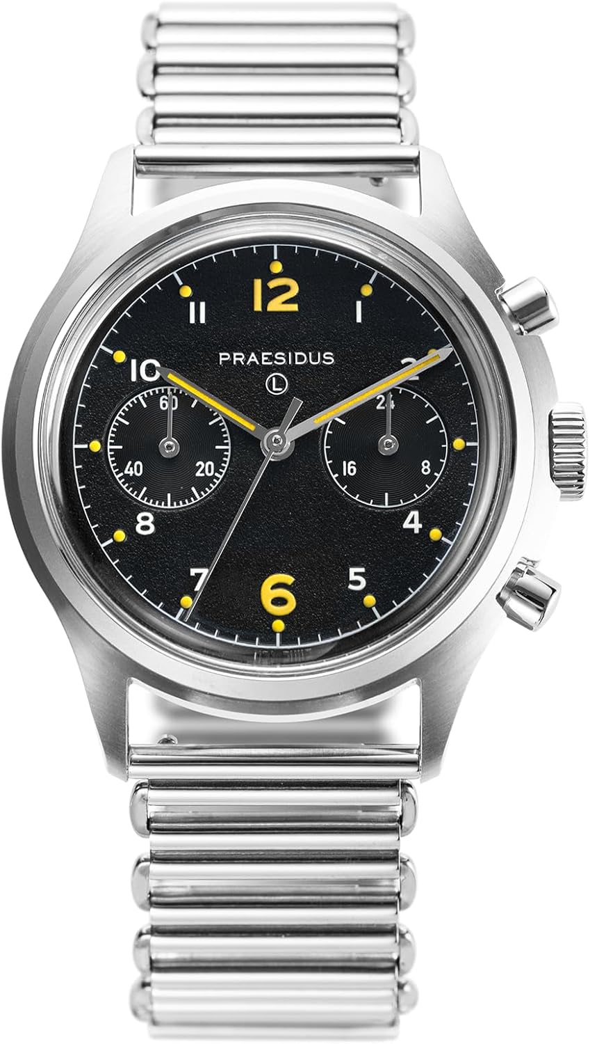 PRAESIDUS | Pilot Asymmetrical Chrono-76 - Chronograph Watch, Men's Wrist Watches - Pilot, Military - Case 38mm, Assembled in The USA | Mechanical, Gifts for Men