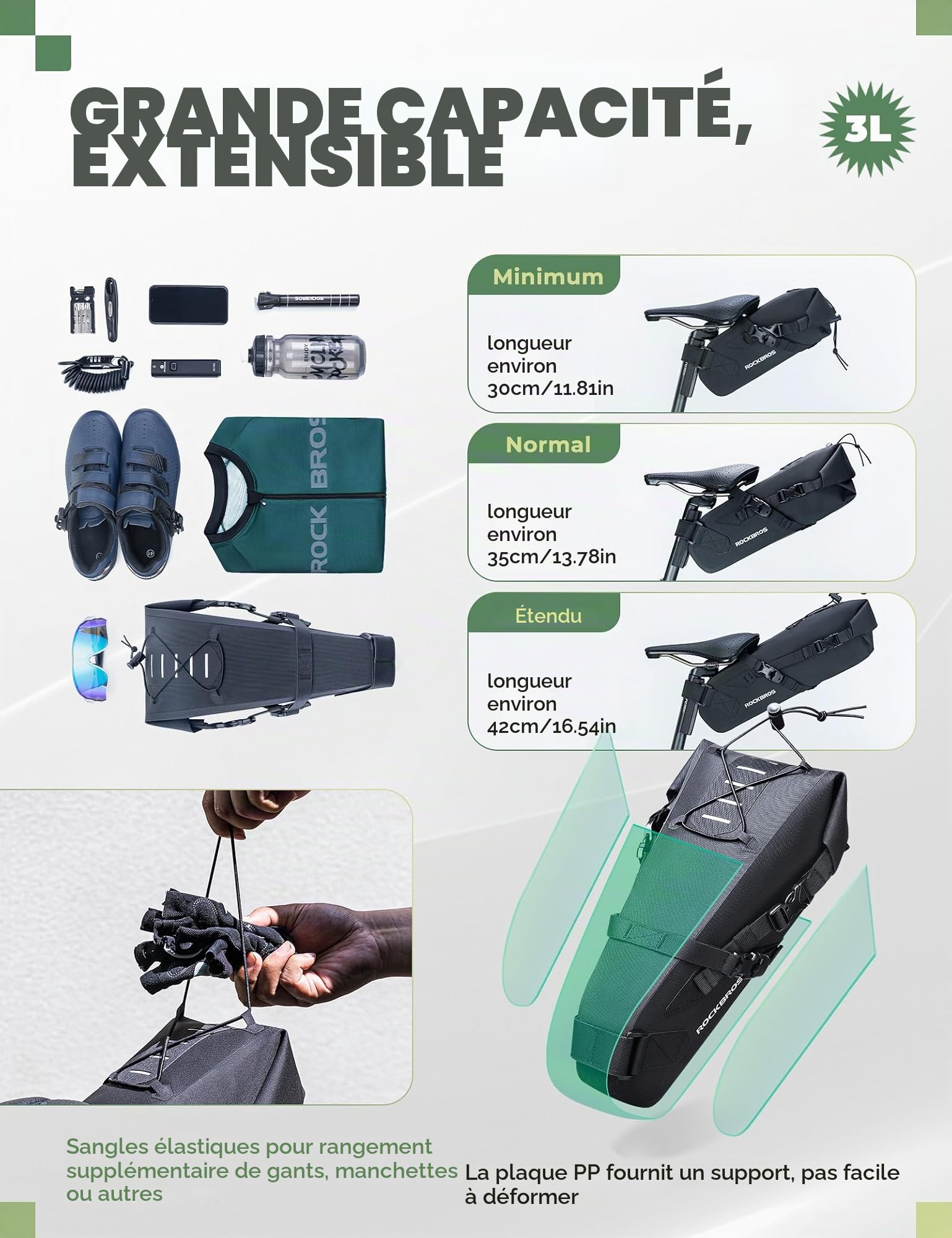 ROCKBROS Sacoche Selle Vélo 3-5L Arrière 3 Formulaires Sac Rangement Queue sous Siège VTT Pliable Feu Arrière Suspendu Porte Bagage Réfléchissant Vélo Course Route Gravel Électrique Étanche Noir