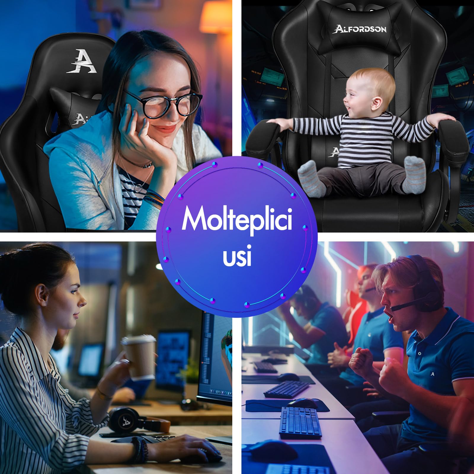 ALFORDSON Sedia da Gaming Massaggiante con Poggiapiedi Telescopico, Sedia Gamer con Cuscino Lombare & Poggiatesta, Ergonomico Sedie da Ufficio Schienale Regolabile 90-150°, Similpelle(Nera)