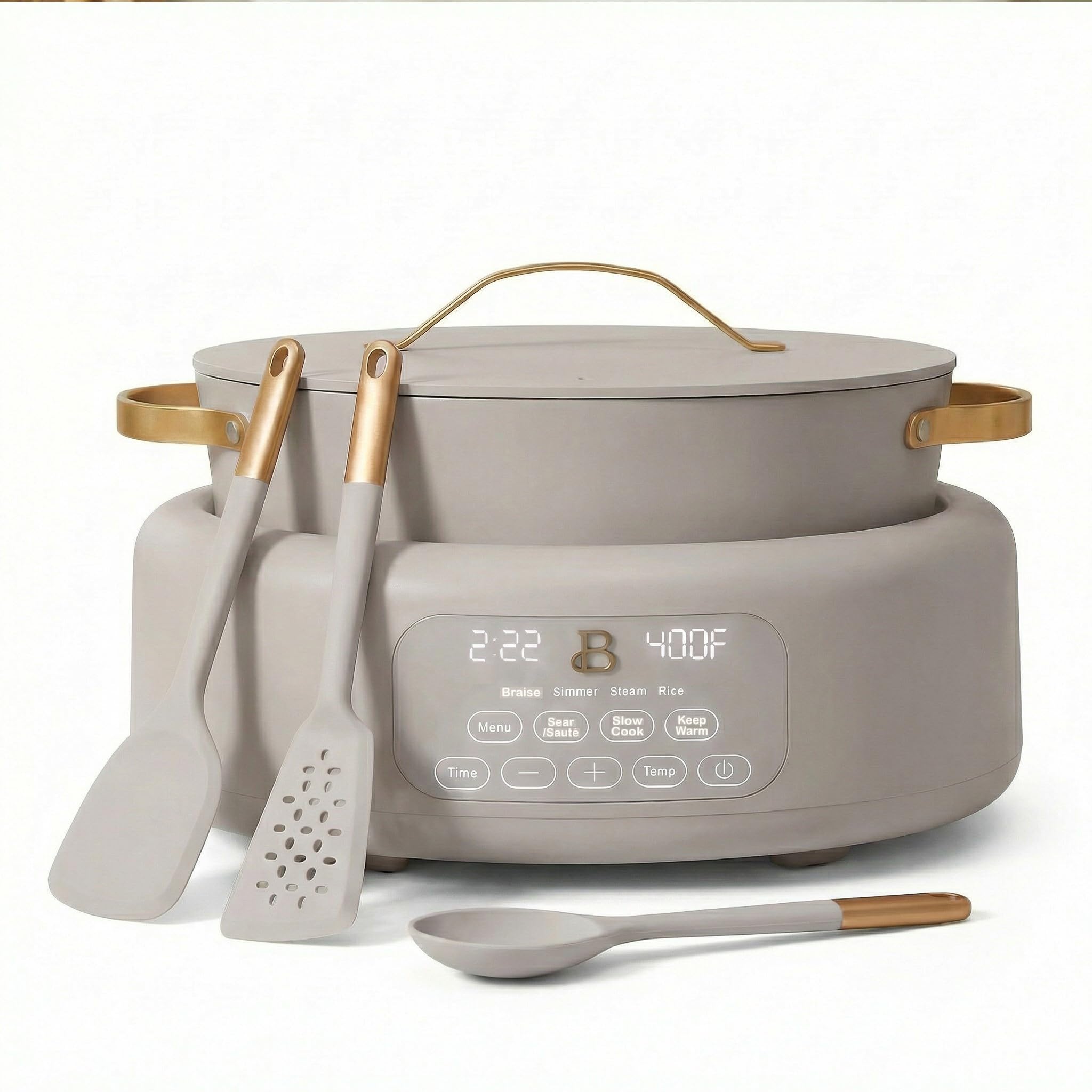 6 Qt Electric Multi Cooker 10 in 1 with 3-Peace Silicone Kitchen Utensil Tool Set - Porcini Taupe