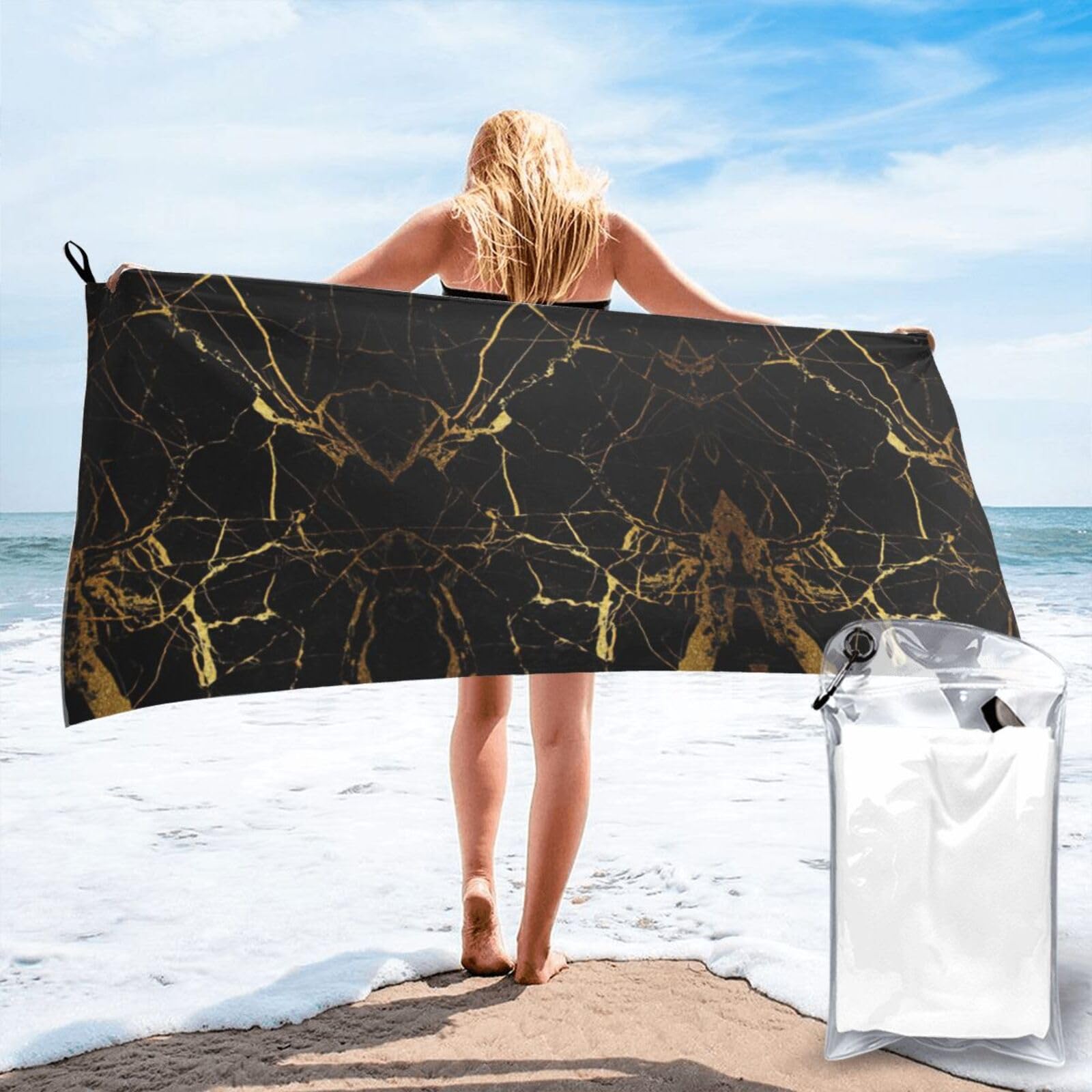 SDEGTHO 3d Stylish Gold Marbling Texture Print Beach Towel Quick Dry Portable For Swimming Yoga Adults Fitness