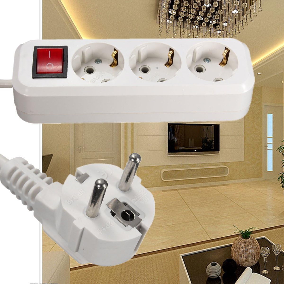 EU Plug10A 250V 3 Outlet Power Extension Cable Wall Socket