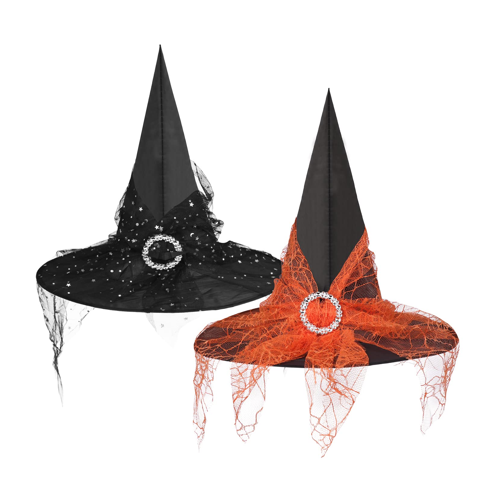 2Pcs Witch Hat Wizard Hat - Elegant Halloween Costume Cap With Lace Veil - Party Cosplay Fancy Dress Accessory Headwear for Women Ladies Holiday