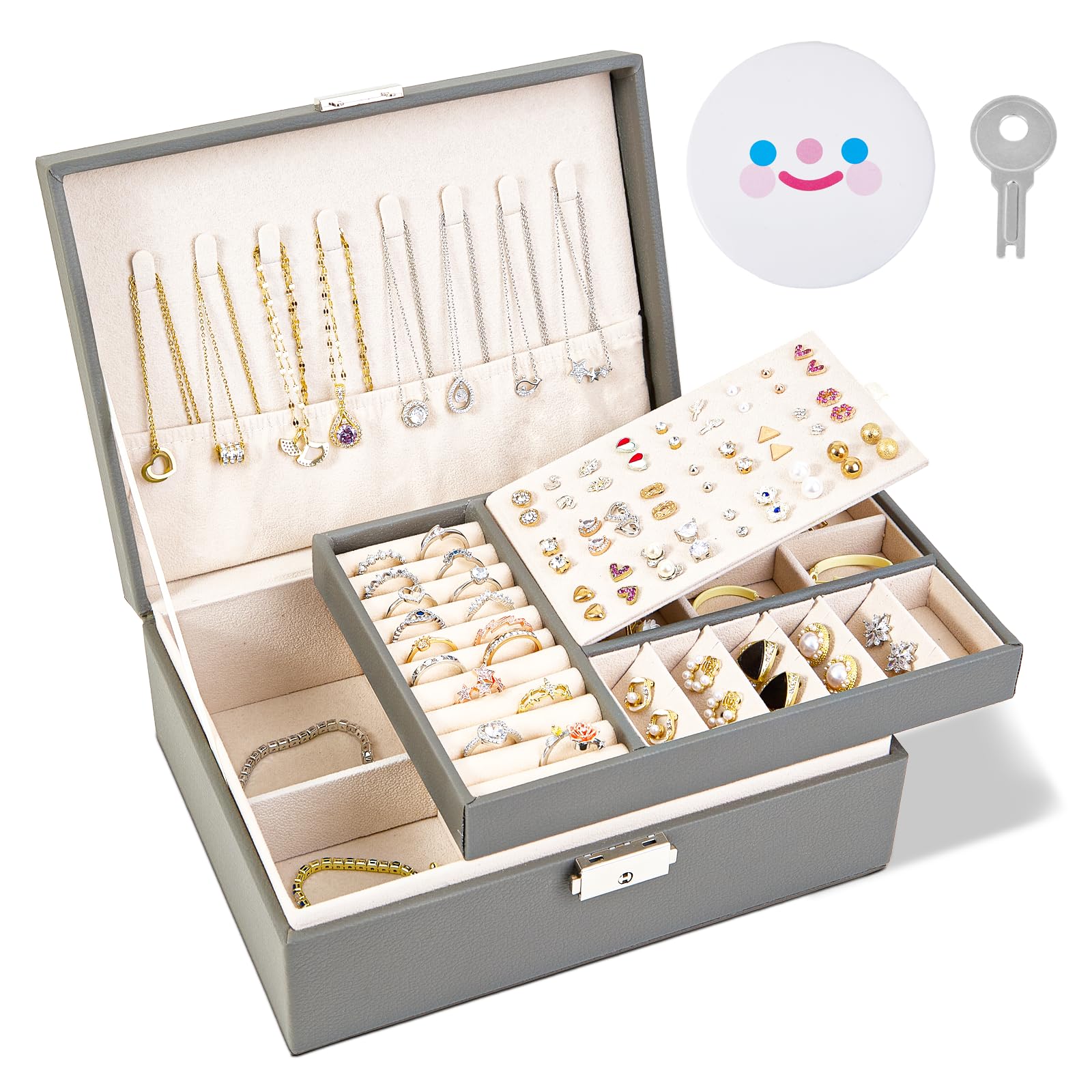 BULLAJewellery Box, 2 Layer Jewellery Organiser with Lock, Jewellery Box for Women with Removable Tray, Earring Box for Necklace Earrings Rings Bracelets (Grey)