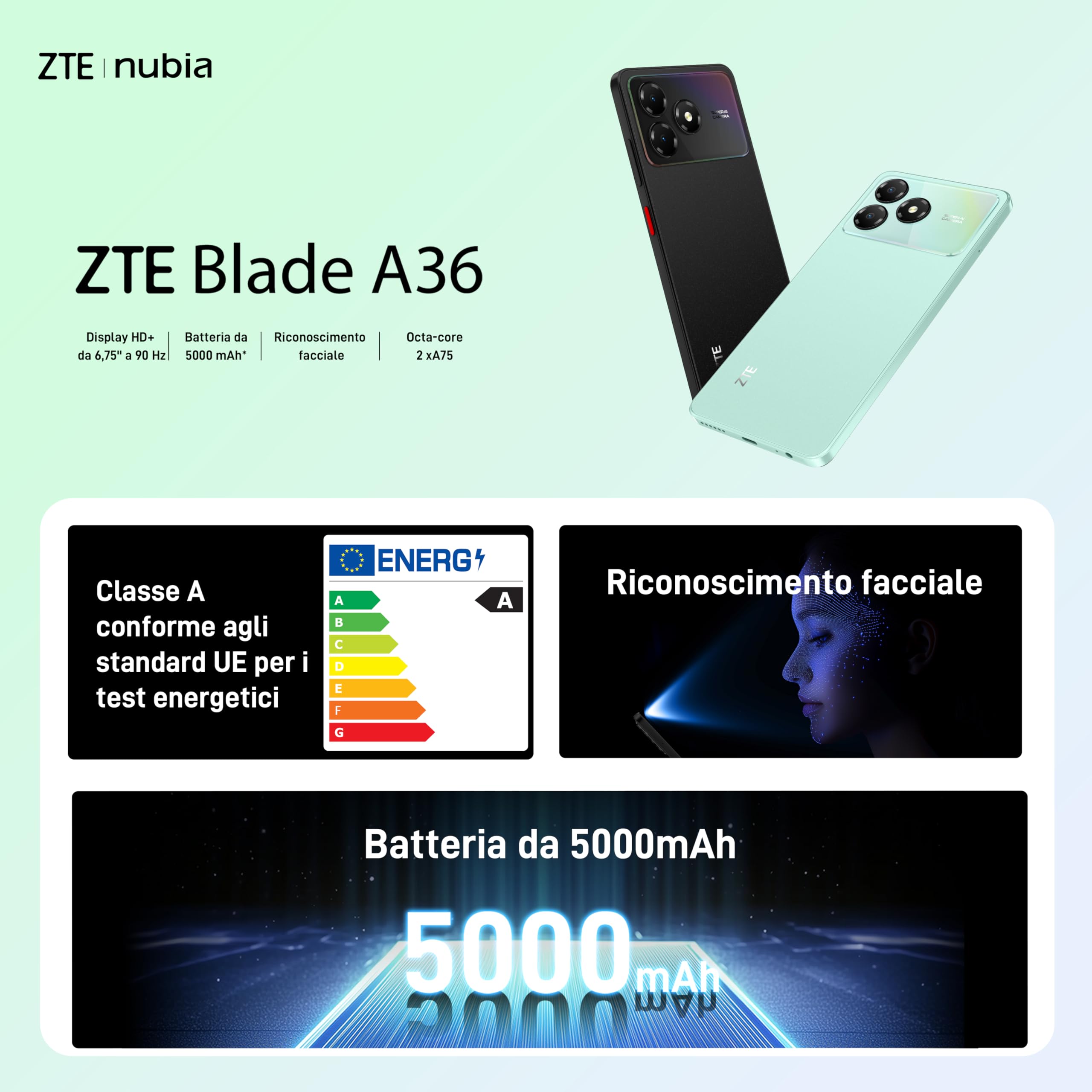 ZTE Blade A36 Smartphone 4G, Memoria 64GB, RAM 12GB (4GB+8GB memory fusion), Batteria 5000mAh, Fotocamera 8Mpx con AI, Android 15, Nebula Black
