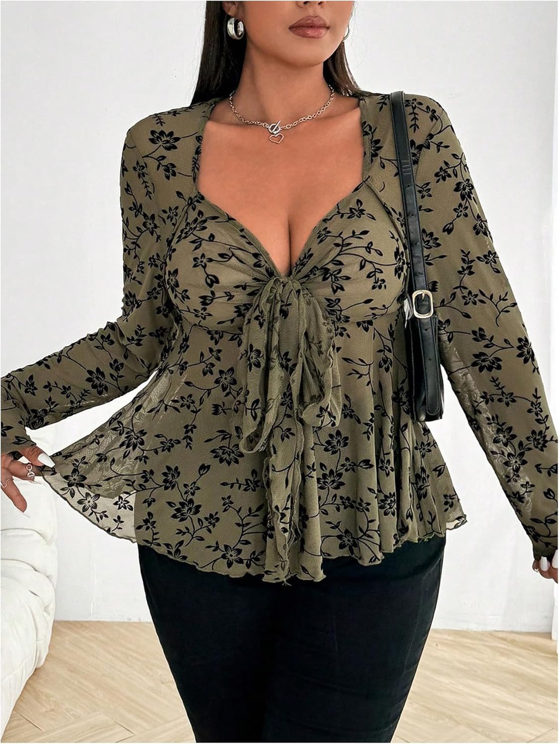Women's Plus Size Floral Peplum Tops Bow Tie Front Long Sleeve Sweetheart Neck Going Out Fall Top - Image 5