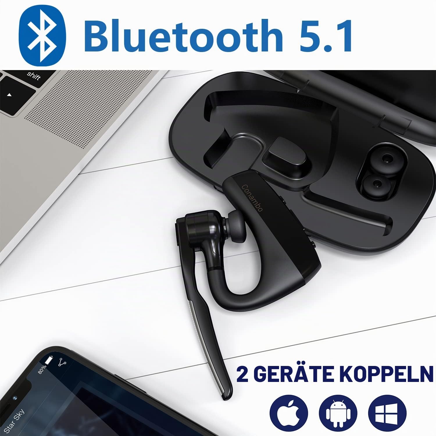 Conambo K18 Bluetooth V5.1 kabelloser Ohrhörer mit CVC 8.0 ENC Dual Mic Geräuschunterdrückung Kopfhörer mit Mikrofon