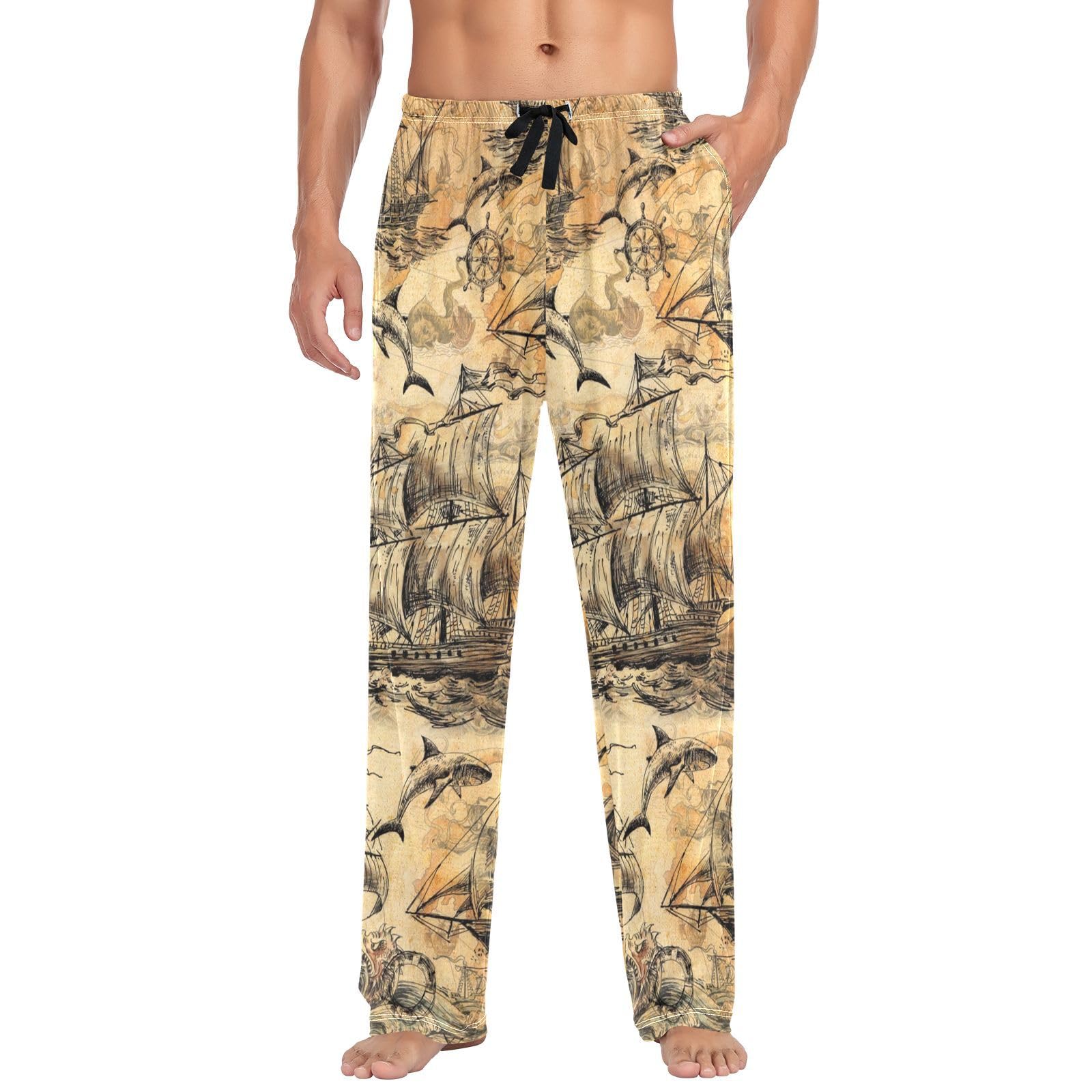 Linomo Men's Multicolor Pyjama Bottoms Vintage Sailboats Shark Pyjamas Loungewear 100% Cotton Pyjama Trouser Nightwear Pjs Pants For Boys