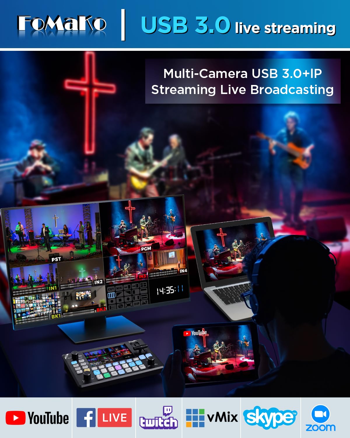 FoMaKo Przełącznik miksera wideo 4K, ekran LCD 5,5 cala, FHD, 4-kanałowy przełącznik transmisji na żywo HDMI, wejście 4K 60FPS, wyjście 1080p 60FPS, obsługa kontrolera PTZ, KC602
