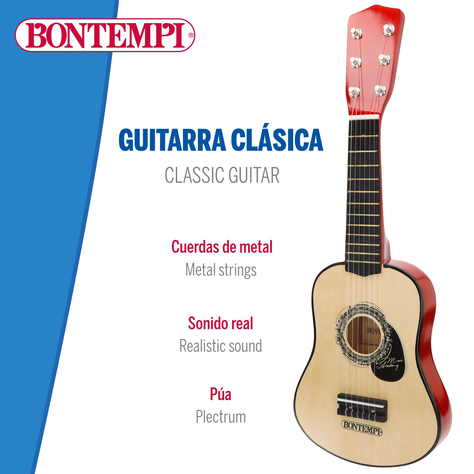 COLORBABY Bontempi Guitarra clásica de Madera 55 cm con Correa, 6 Cuerdas funcionales, Diseño Tradicional, Cuerpo Brillante, Ligera y manejable, para iniciarse en la música a Partir de 3 años (39230)