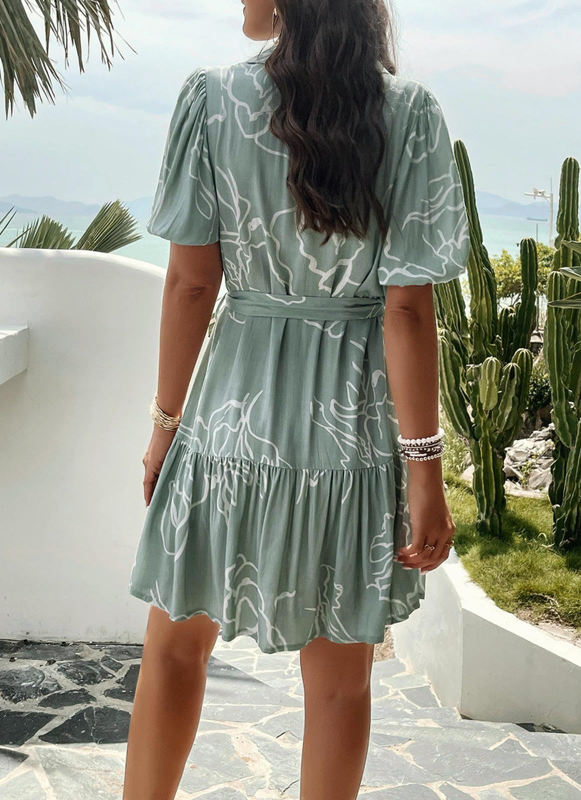 Summer Dresses For Women Women's Summer Dresses V-Neck Button Short Sleeve Printed Dress Casual Pleated Beach Waist Dress