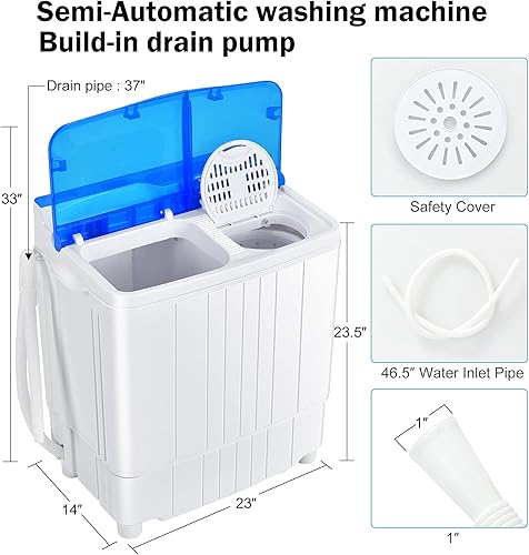Miniatura 5 de COSTWAY Lavadora portátil, doble bañera semiautomática de 13 libras, lavadora compacta y giratoria, bomba de drenaje integrada, pomos de control y