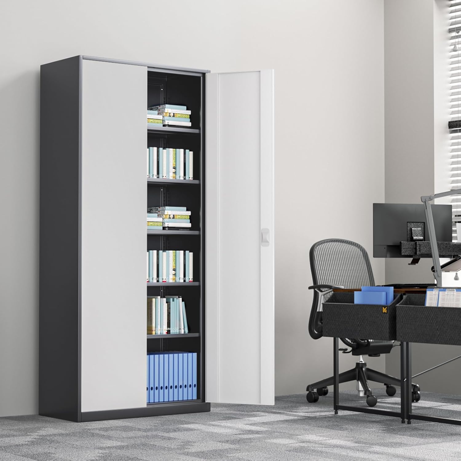 Athena Collection metal storage cabinet placed in a modern office setting next to a desk and chair.
