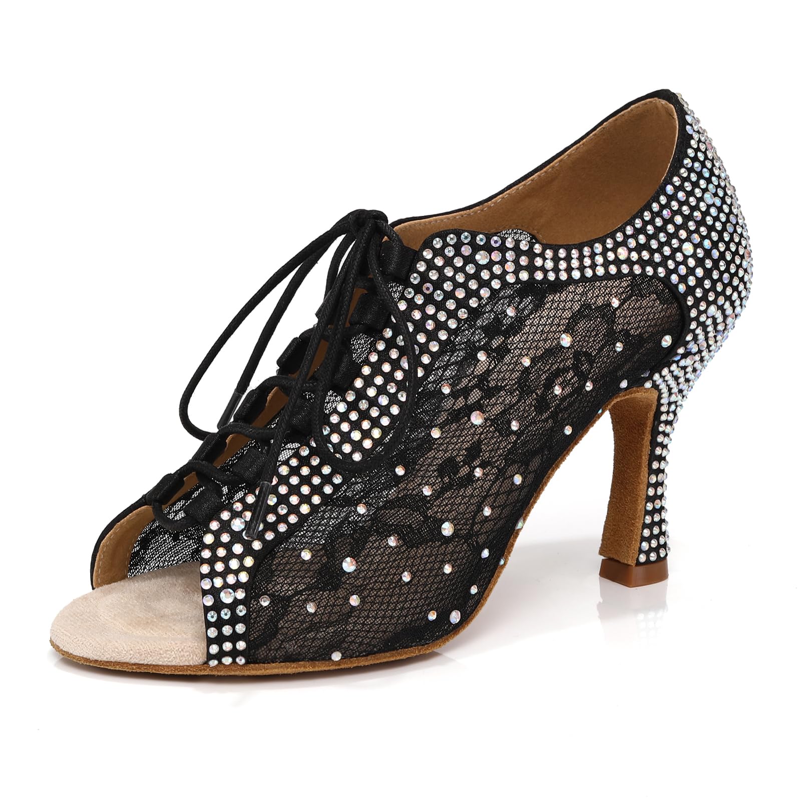 YCALCP Women's Rhinestone Dance Shoes Ankle Boots Glitter Lace up Open Toe Ballroom Latin Salsa Tango Wedding Party,QRX-X064-Black-8.5, US 7