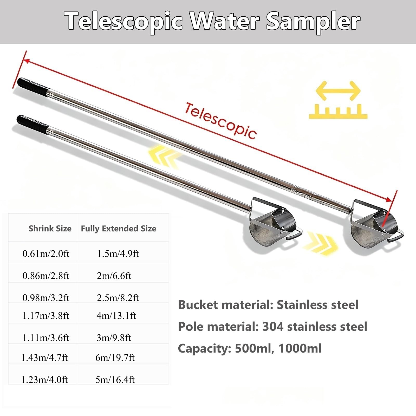 Muestreador De Agua Con Cubeta De Acero Inoxidable, Varilla Extensible | Muestreador de agua tipo péndulo con escala, para recolección segura y remota(1000ml,1.17-4.0m/3.8-13.1ft)