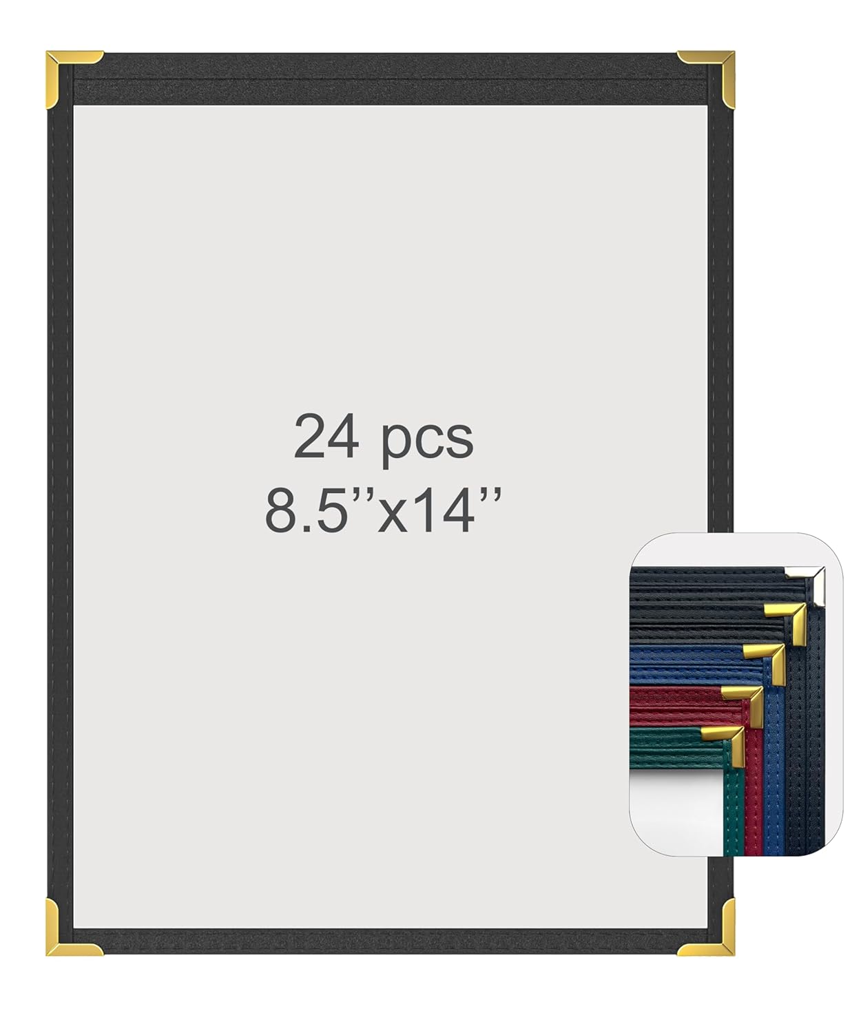 24 Pcs Black Menu Covers, 8.5x14 Legal Size, 1 Page 2 View menu Holder, Toothed Metal Corners, Waterproof & Scratch-Resistant PVC Leatherette Menu Sleeves.Ideal Menu Book for Restaurants, Bars, Cafes
