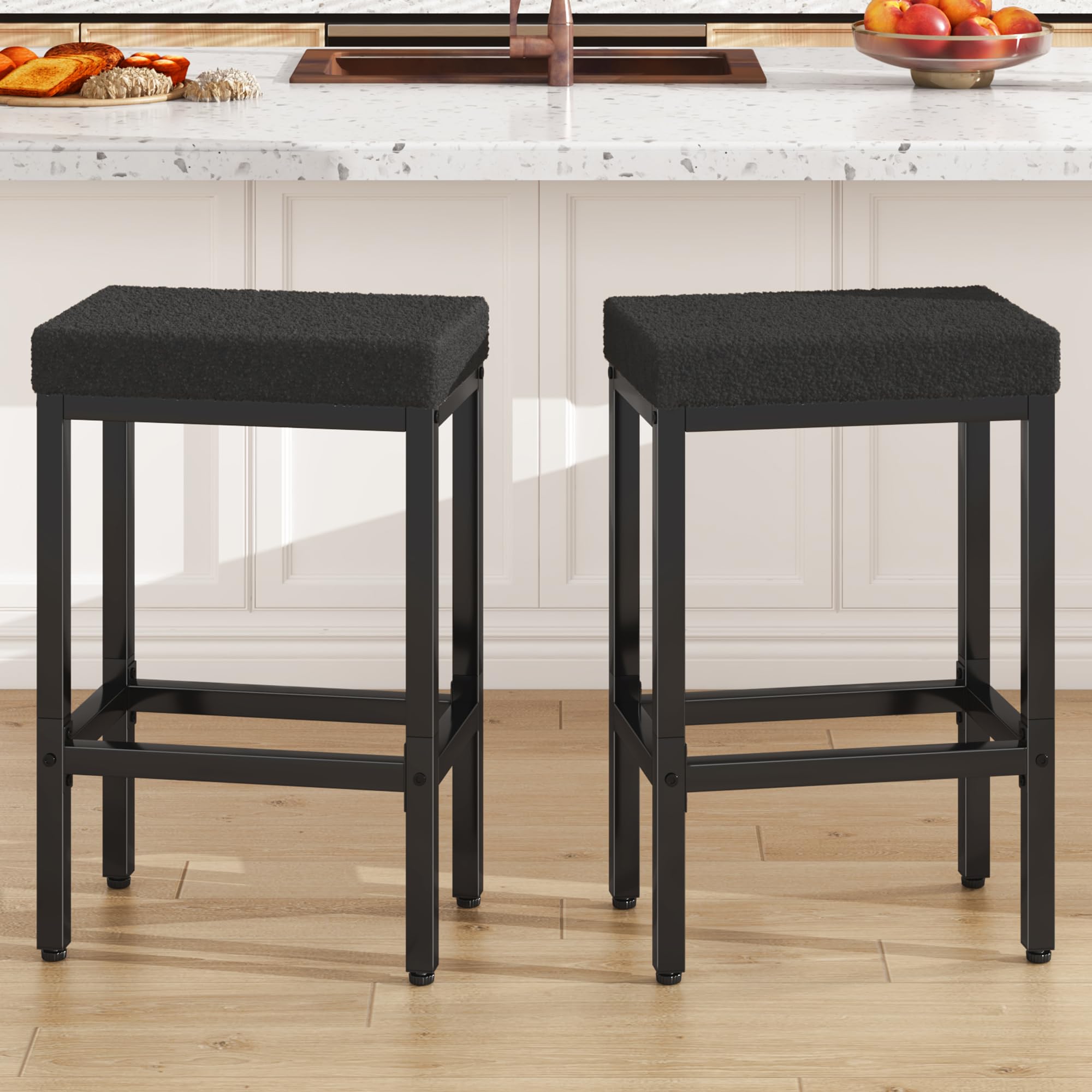 YMYNY 66 cm Tabourets Bar Lot de 2 Métal Tissu, Noir HBS514B