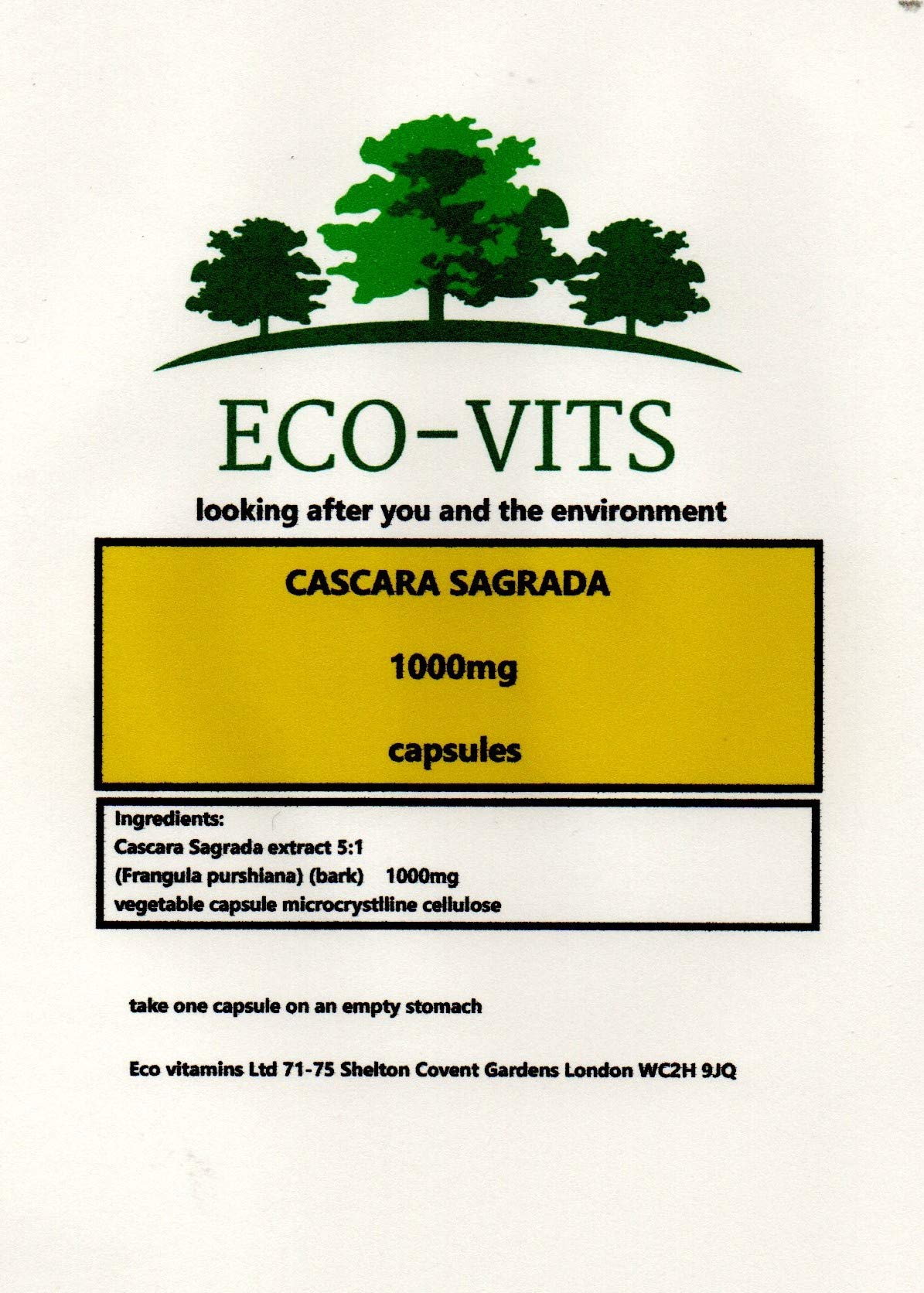 ECO-VITS CASCARA Sagrada (1000MG) 120 CAPS. Biodegradable Packaging. Sealed Pouch