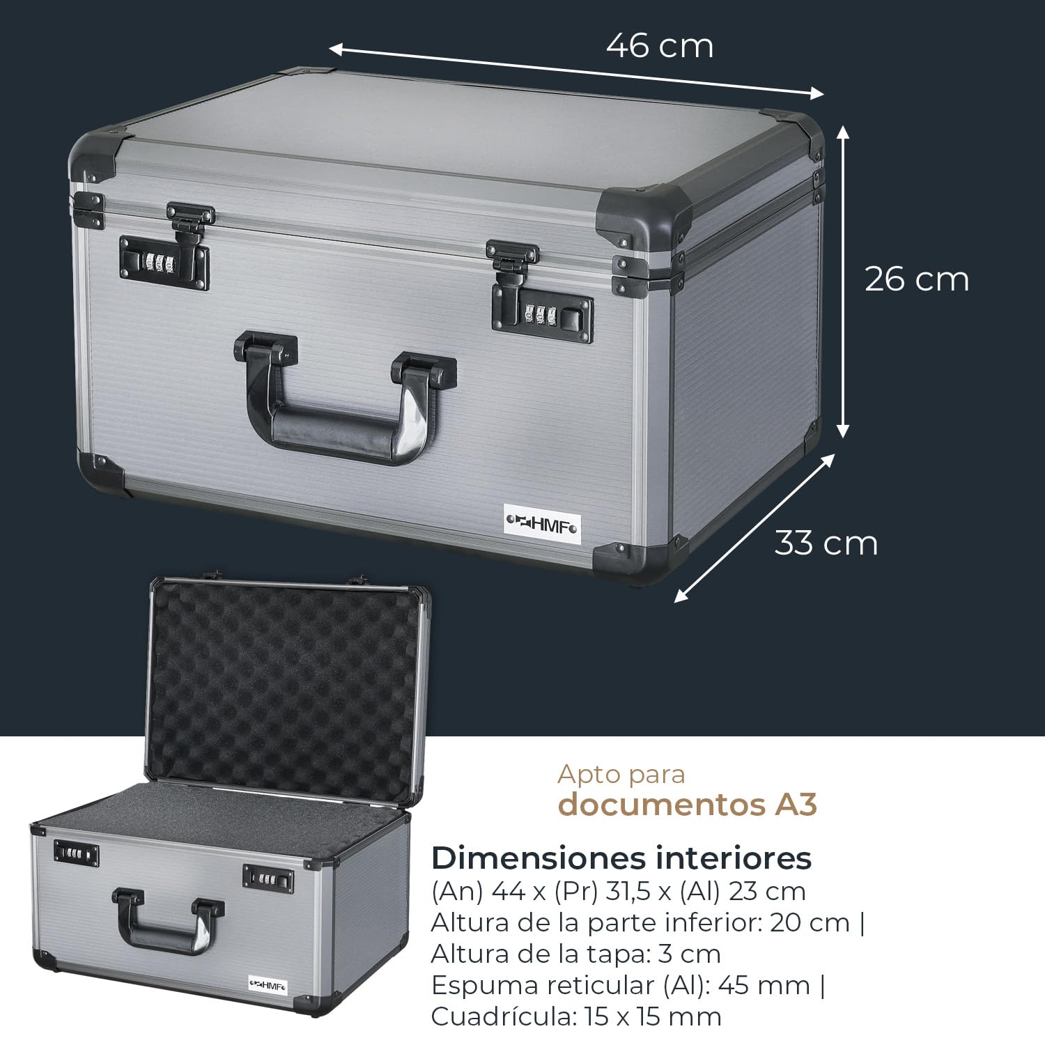 HMF 14412-02 Maletín fotográfico de Aluminio, maletín para miniaturas con Espuma precortada | 46 x 33 x 26 cm