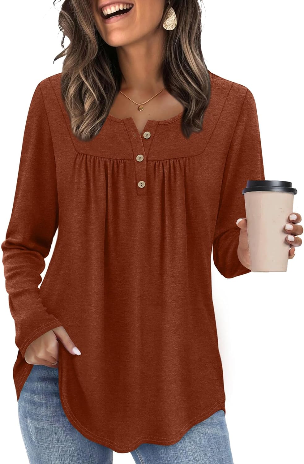 WIHOLL Long Sleeve Shirts for Women Fall Outfits 2025 Crewneck Casual Tunic Tops Trendy Blouses Fashion Clothing