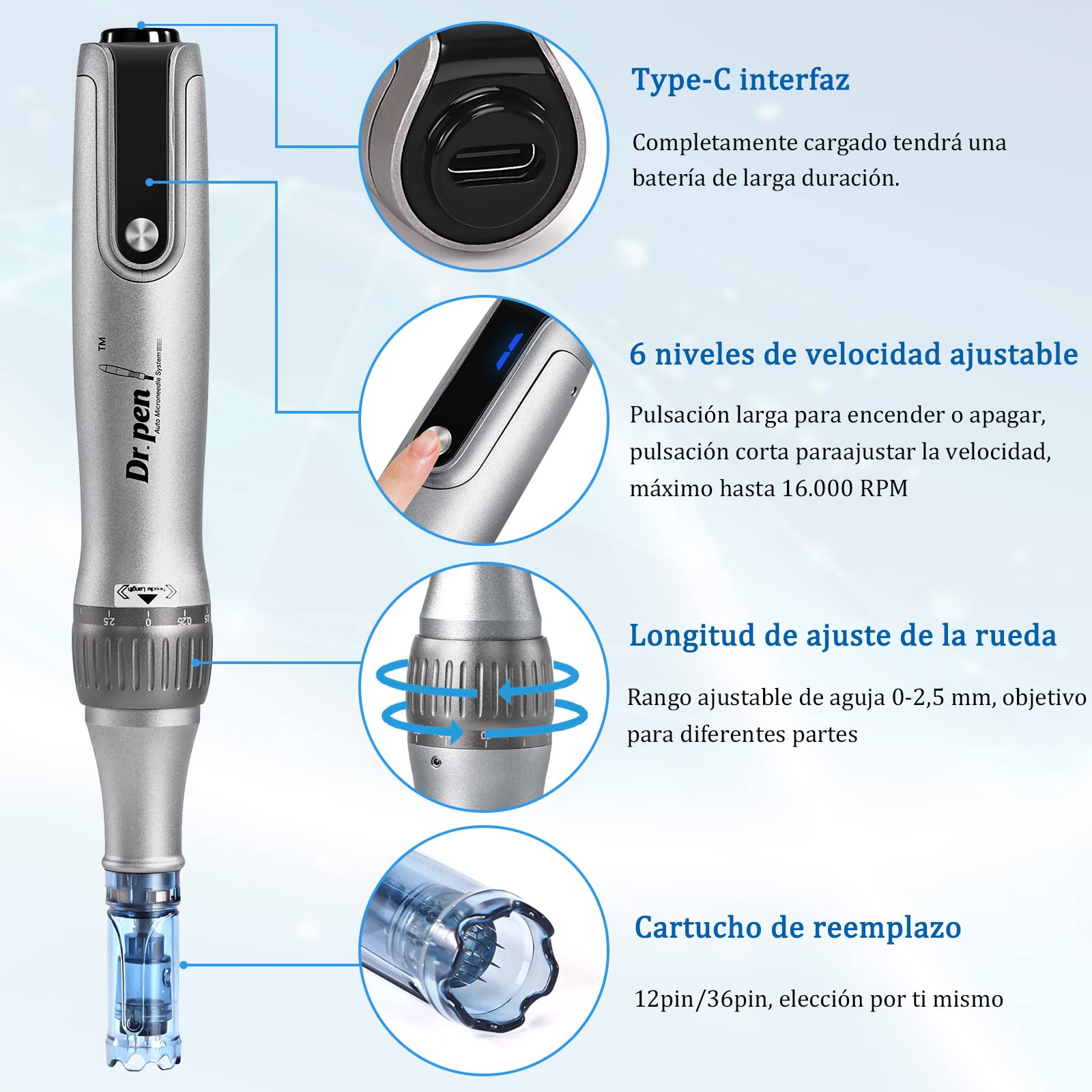 Dr.Pen M8S, microneedling pen con 6 x Cartuchos(3 x 12 Pin+3 x 36Pin), dermapen facial profesional, Inalámbrico y 6 Niveles de Velocidad, 0-2,5mm Profundidad ajustable, Plata