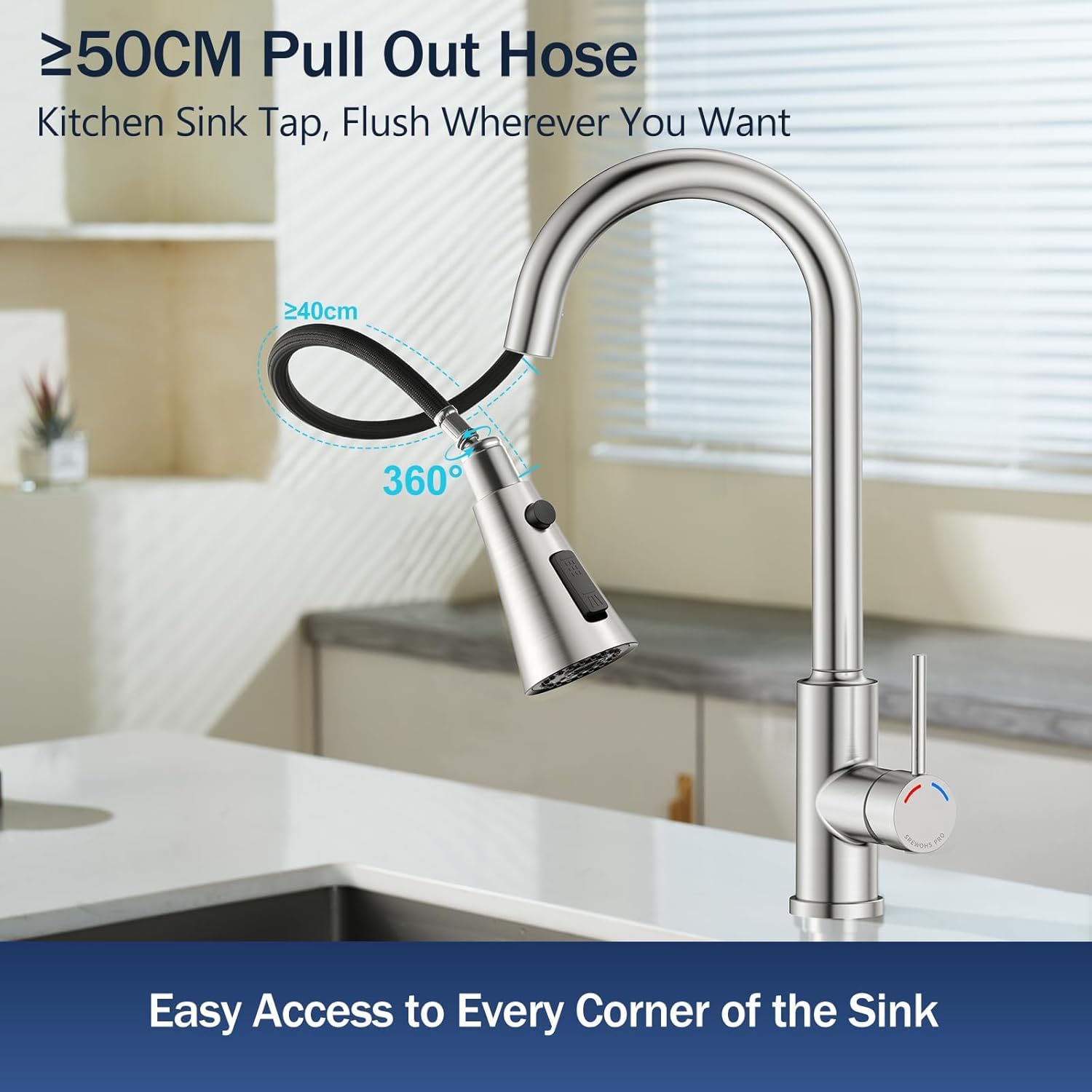 Robinet de Cuisine à Ressort avec Douchette Extractible, Mitigeur Évier Bec Haut Pivotant 360°, 4 Modes de Jet, Acier Inoxydable Brossé, Installation 1 Trou (38,6 cm)