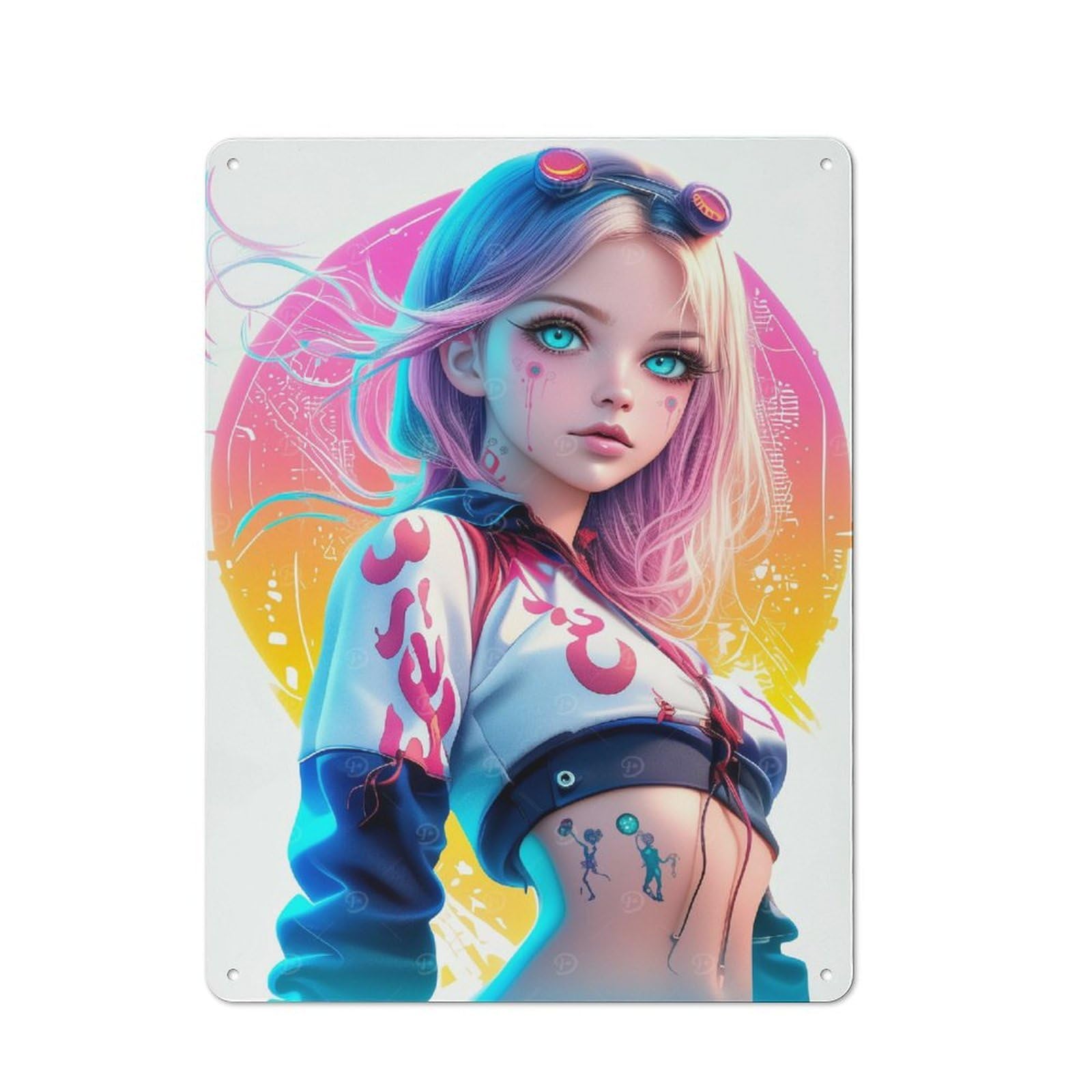 Junmoney Girls Style-16 Anime With Goggles Printed Metal Sign 40X30cm For Workshop Wall, Suited To Metal Sign Collectors, For Retro Home Interiors