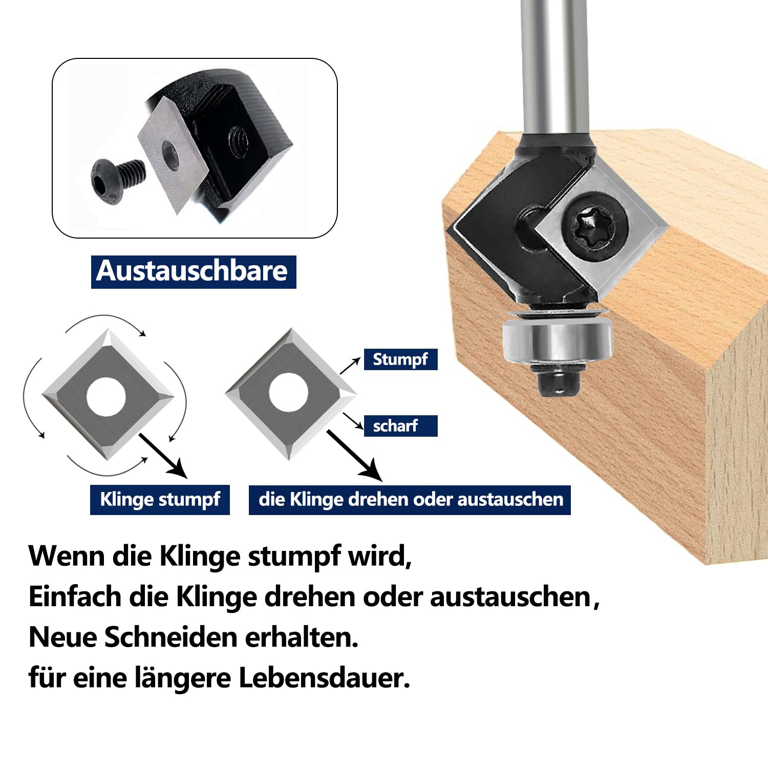 Fresa de biselado de 8 mm, hoja de metal duro intercambiable de 4 lados, fresadora de biselado para fresadora superior con rodamientos, fresa de madera de 45 grados para mecanizado de cantos
