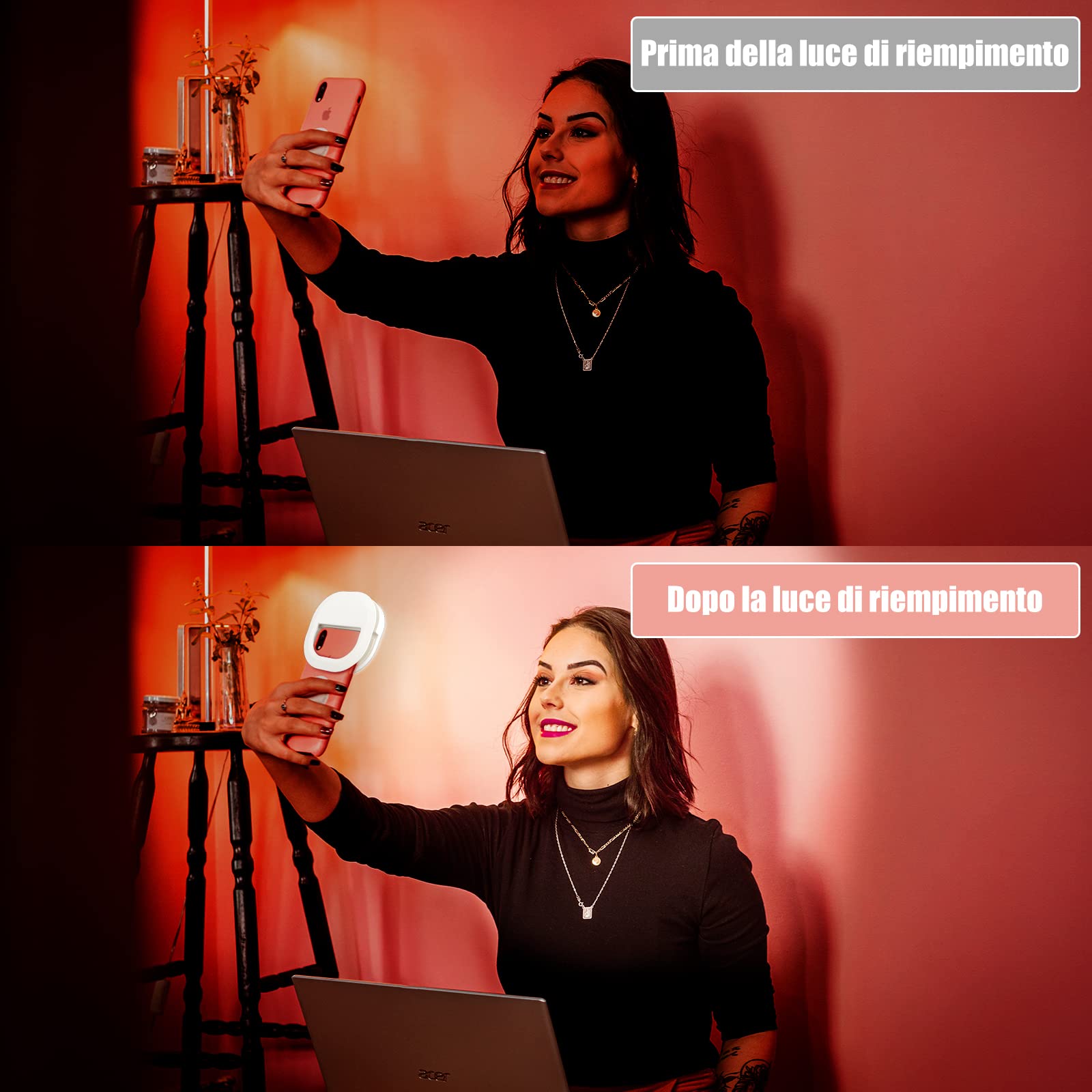 Diyife Selfie Ring Light 60 LED Ricaricabile 5 Livelli di Luminosità con Cavo USB per YouTube TikTok Smartphone