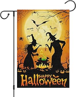 Louise Maelys Happy Halloween Garden Flag 12x18 Double Sided, Burlap Small Welcome Halloween Witch Yard House Flags Seasonal Holiday Outdoor Outside Decor (ONLY FLAG)