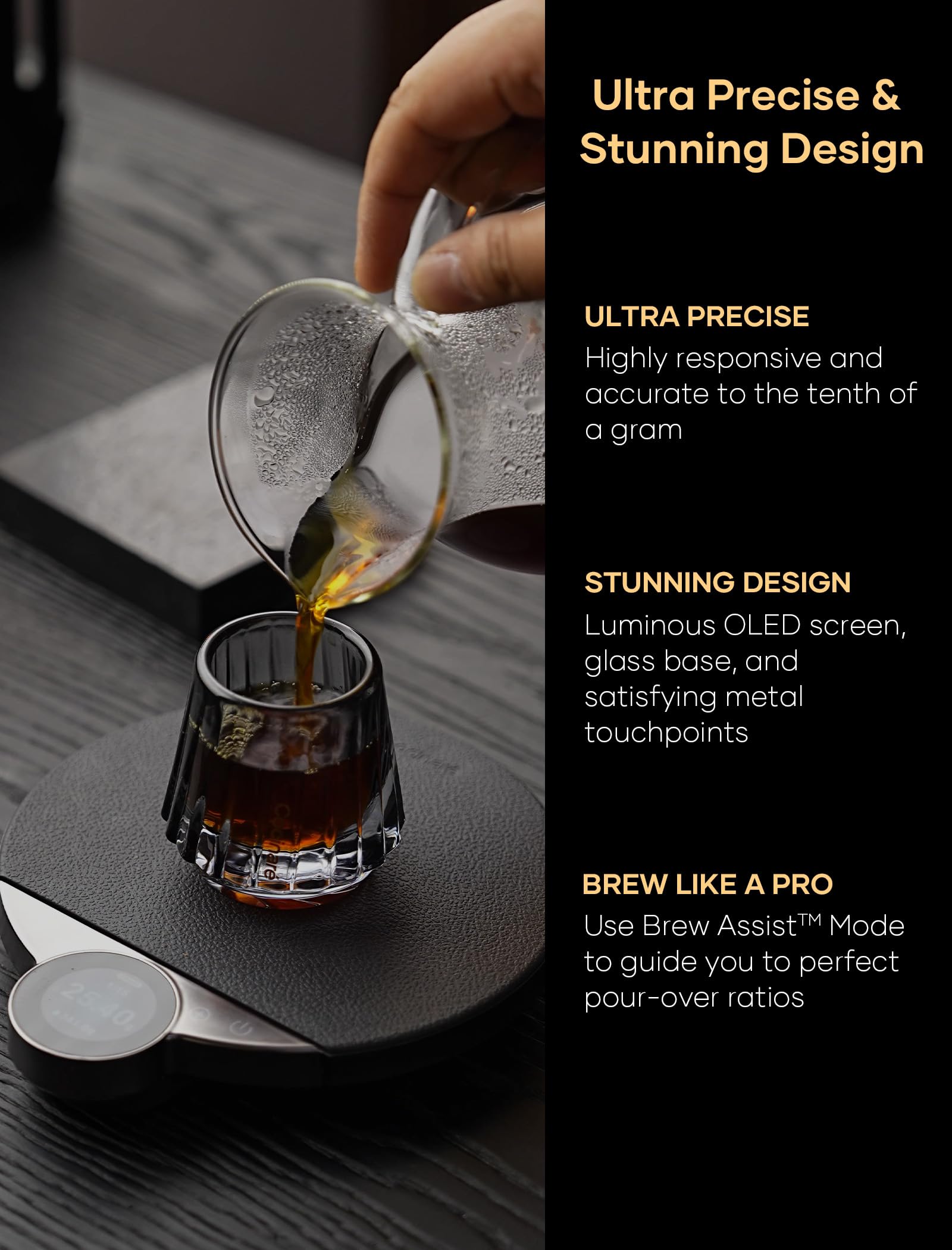 Cocinare Balance Pro - Báscula de café de precisión de 0,1 g, 3,5 kg digital con temporizador, báscula de cocina para café y alimentos, control de aplicación (negro)