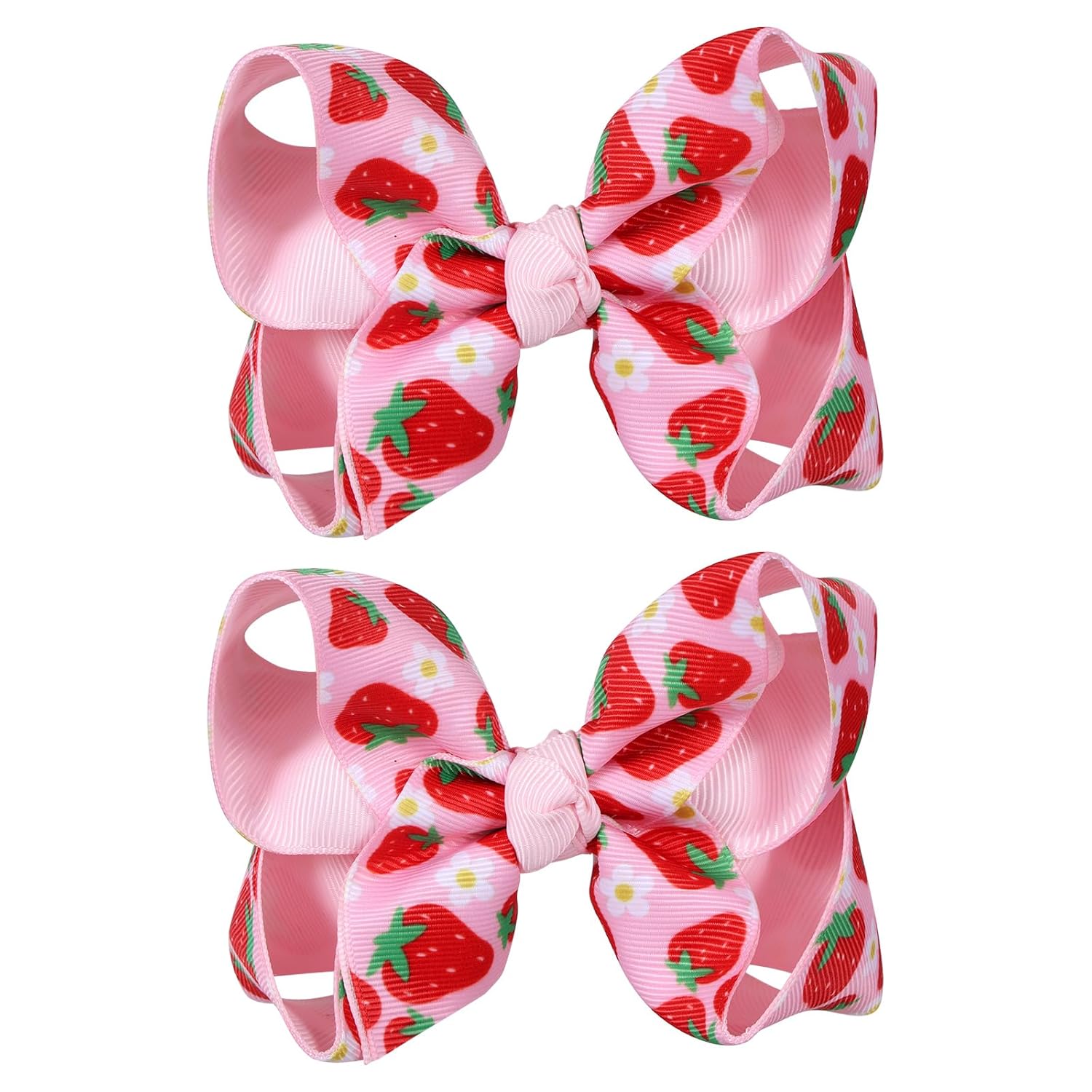 2Pc Strawberry Ribbon Hair Bow Clips 4.3" Tropical Fruit Alligator Barrettes Hairpins for Girls Teens Toddlers Women Kids Birthday Party Summer Dress Decor Accessories Gift