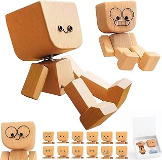 Tiny Wooden Shaking Man, Handmade Wobbly Wooden Smile Figurine for Car Dashboard, Desk Decor, Stress Relief, Includes 12 Extra Expressions