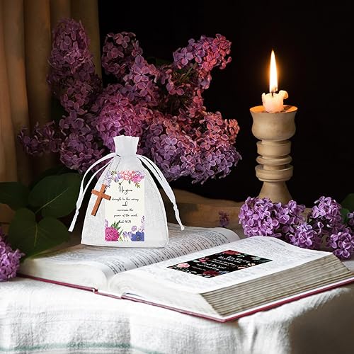 Miniatura 6 de Qeeenar Juego de 50 llaveros de cruz de madera para decoración de celebración de la vida, incluyendo mini dije de cruz de madera, bolsa de regalo de