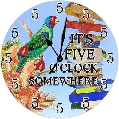 Reloj de pared de madera con texto en inglés "It's Five O'clock Somewhere" - Reloj de pared de madera con loro costero tropical, cóctel, reloj de