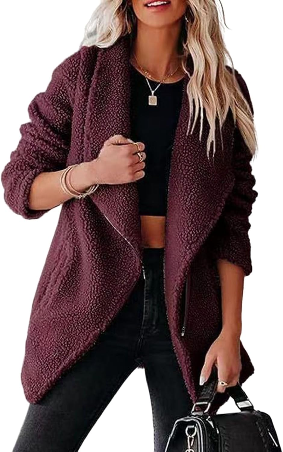 Women's Fashion Winter Coats Sherpa Fleece Faux Fur Shearling Oversized Jacket Fuzzy Zip Up Warm Coat with Pockets