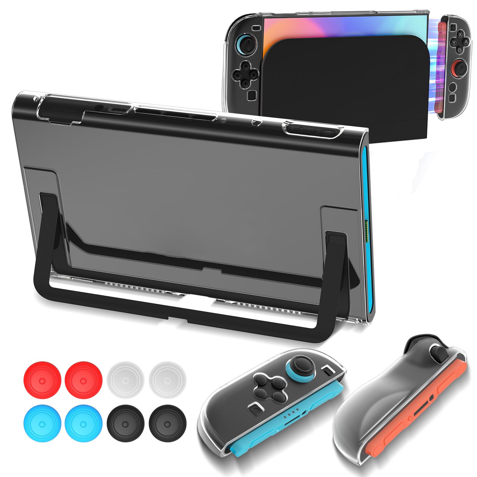 Etui dokujące Teyomi kompatybilne z Nintendo Switch 2, przezroczysta osłona ochronna kompatybilna z Nintendo Switch 2, 2 ergonomiczne osłony TPU na Joy-Con i 8 uchwytów kciukowych (przezroczyste)