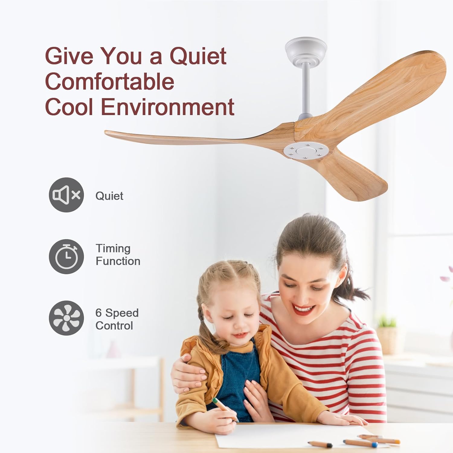 52 inch Ceiling Fan No Light,3 Natural Wood Blades, Modern Outdoor Fan with Remote for Outdoor Patio Balcony Indoor Dining Room Office,6 Speeds,1/4/8 Hour Timer,Quiet Reversible DC Motor