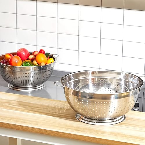 Miniatura 6 de Maxdot Paquete de 2 coladores de acero inoxidable resistentes de 12 cuartos de galón con base y asas para pasta, espagueti, bayas, frutas, verduras,