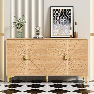 UEV 55.1" Buffet Cabinet with Storage,Wood Sideboard, Gold Sunlight Accent Storage Cabinet with Metal Handles & Legs,Long Console Cabinet with 4 Doors & Adjustable Shelves (Wood)
