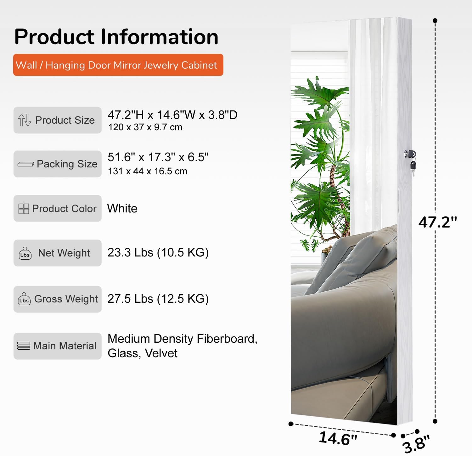 GISSAR Full Length Mirror Jewelry Cabinet, 6 LEDs Jewelry Armoire Wall Mounted Over The Door Hanging, Jewelry Organizer Storage with Lights Lockable White - Image 5