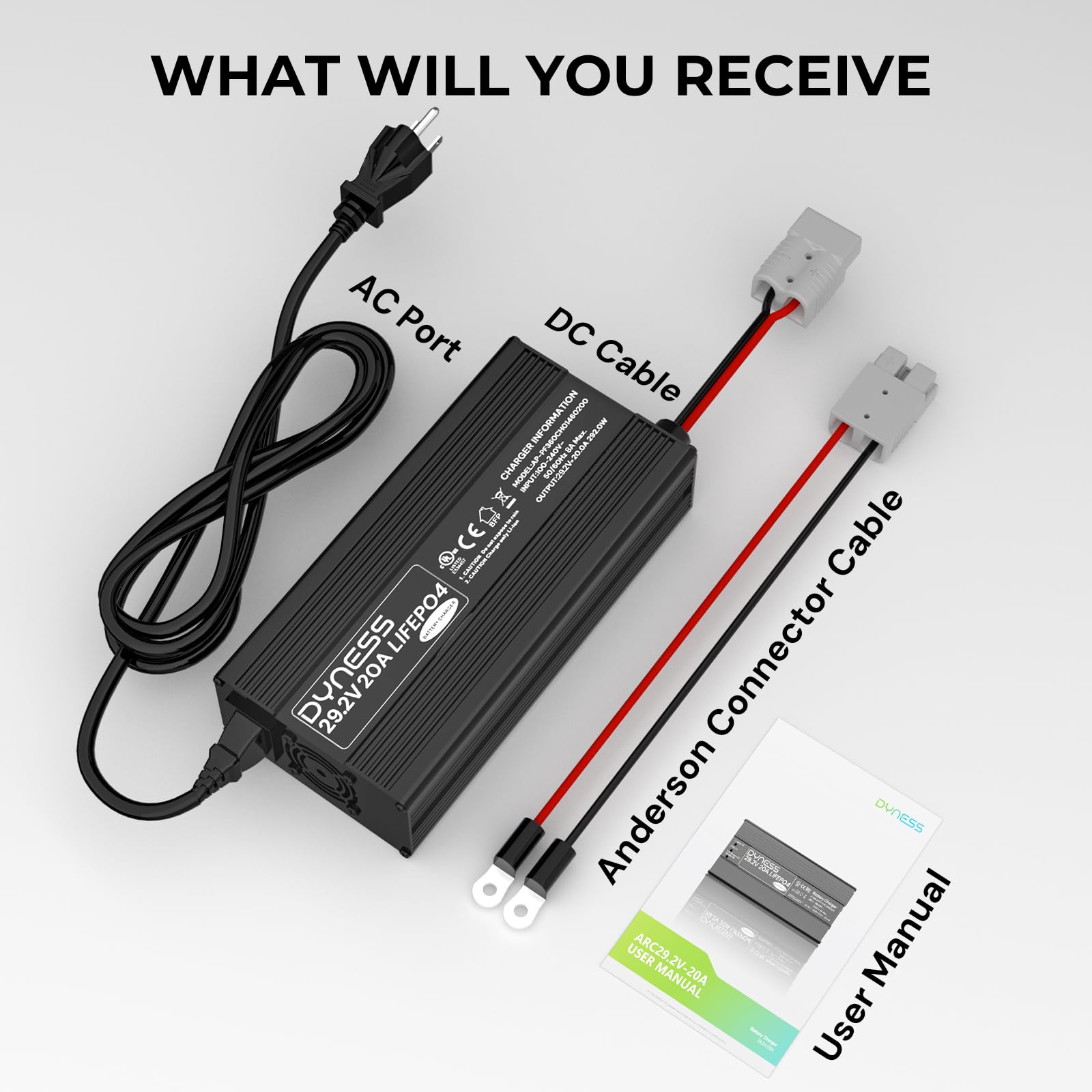 Dyness Caricabatterie 29,2 V 20 A LiFePO4, Caricabatterie Automatico Intelligente a 3 Livelli per Batterie al Litio LiFePO4 Adatto per Batterie al Litio da 24 V (25,6 V) con Protezione Completa