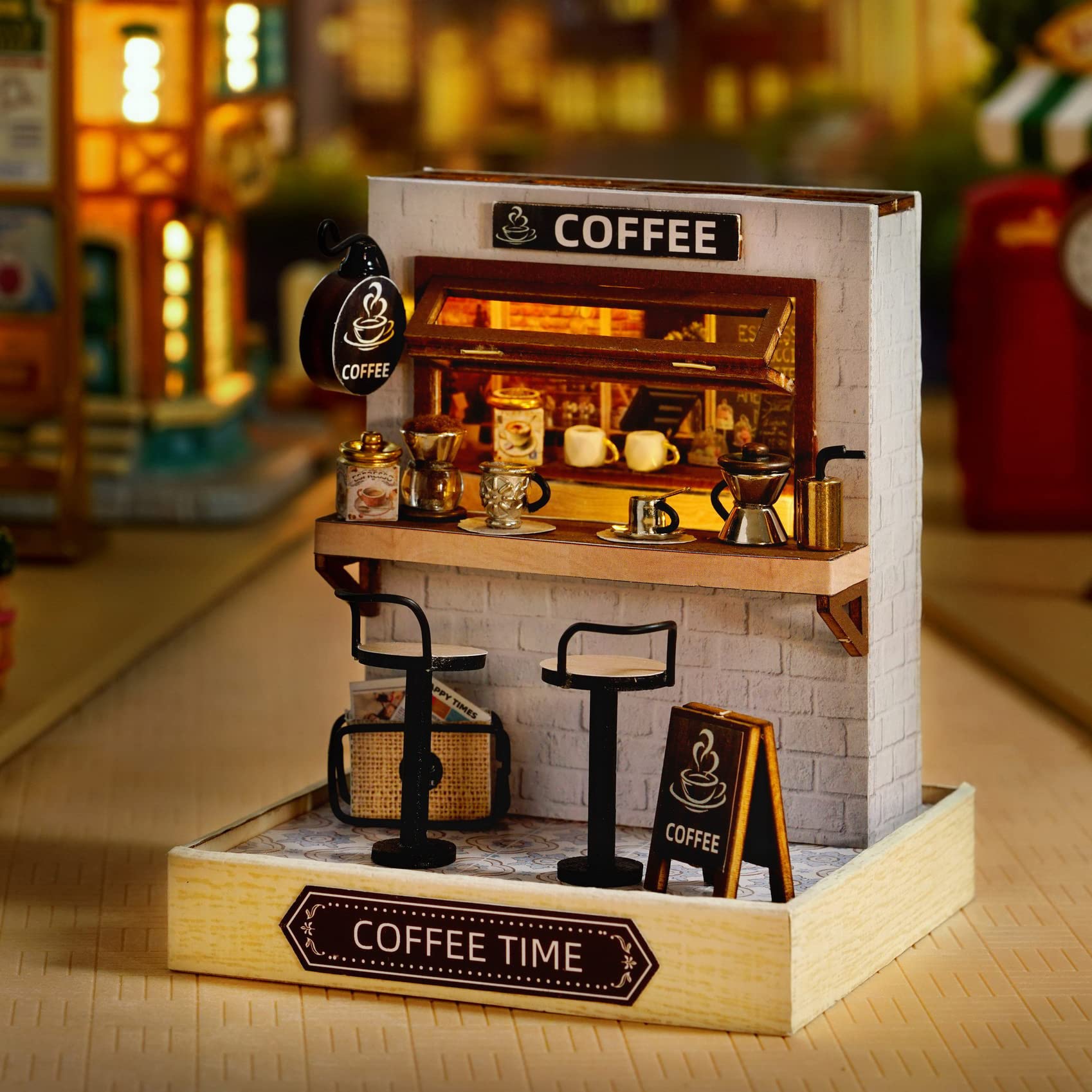 CUTEROOM Miniatura casa delle Bambole con mobili,Fai da Te in Miniatura Casa delle Bambole Kit,Mini 3D Casa in Legno con Luci A LED - Regalo di Compleanno di Natale (Coffee)