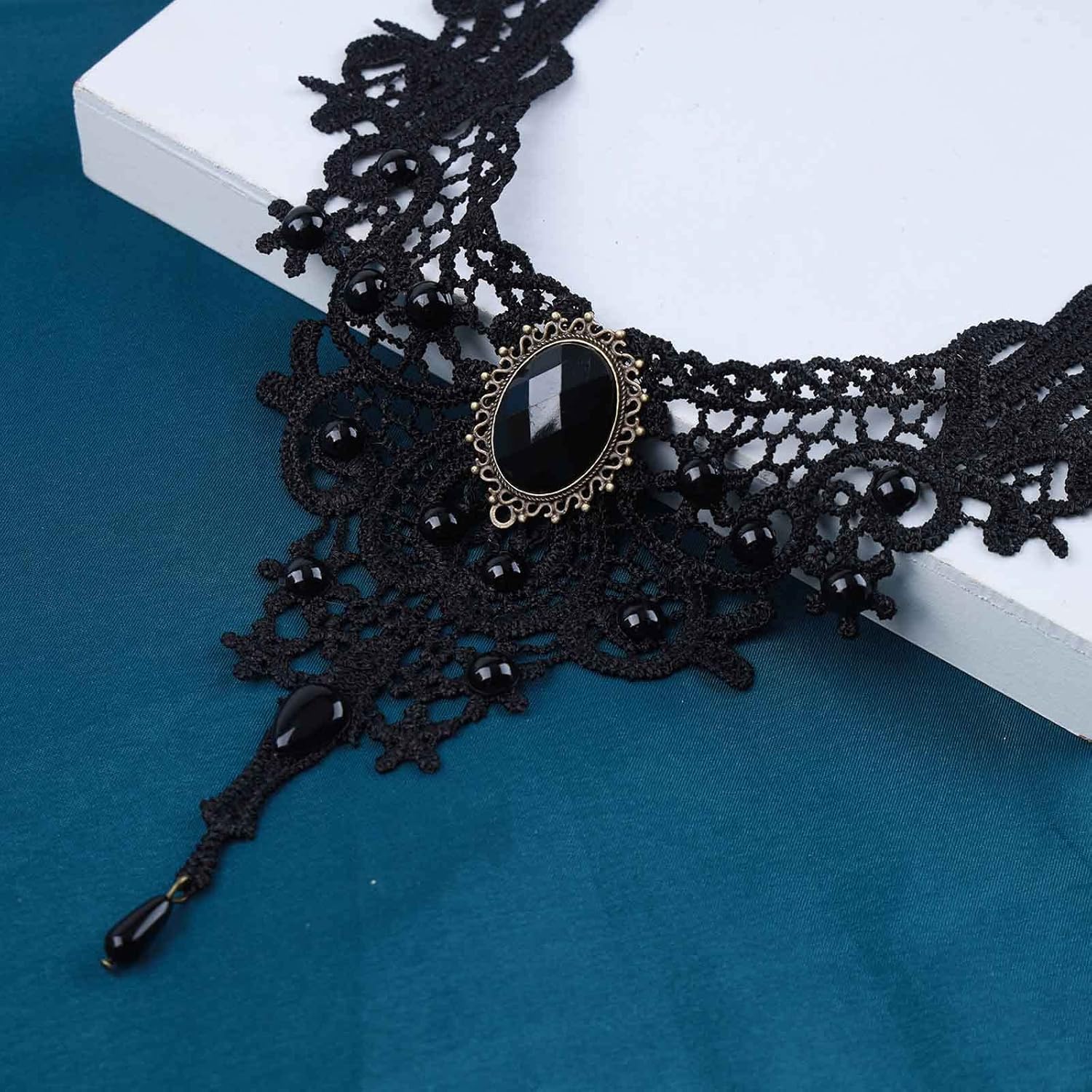 Andelaisi Gothic Lace Choker Necklace Black Tassel Pendant Necklace Vintage Gem Collar Necklace Black Water Drop gemstone Chain Necklace Jewelry for Women - Image 5