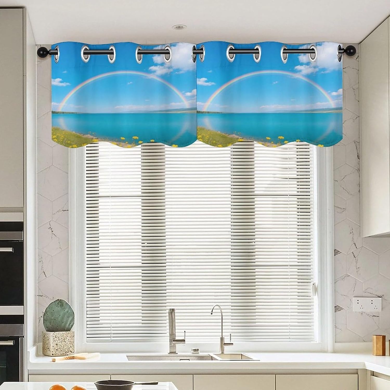 Blue Lake Rainbow Curtain 2 Panels, Polyester Fiber, Blackout Insulated Window Curtain, Curtain Valance for Kitchen Dining Room Living Room Cafe Small Window 52 * 18.1 Inches