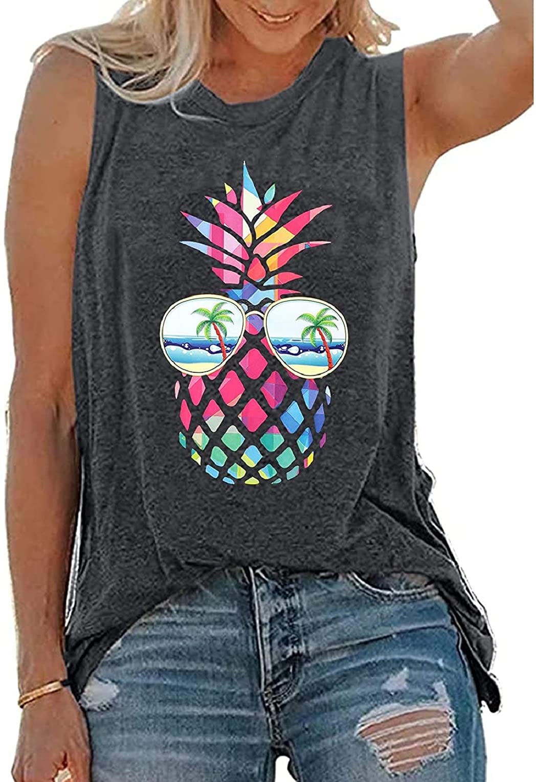 ASTANFYWomen Pineapple Sunglasses Beach Tank Tops Funny Graphic Vest Casual Summer Sleeveless Tee Shirts